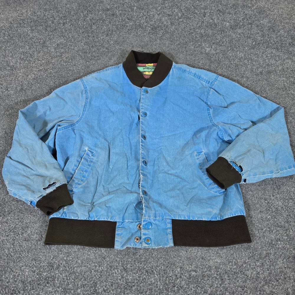 Wrangler Brushpopper Mens Medium Blue Denim Bomber Jacket Western Distressed
